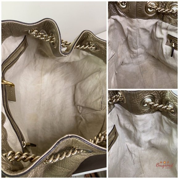 Authentic GUCCI Gold Metallic Pebbled Calfskin Medium Soho Chain Shoulder Bag - Picture 9 of 13